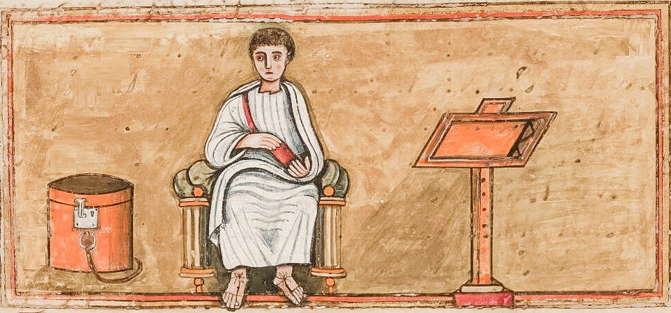 Un des trois « portraits » de Virgile du Vergilius Romanus (folio 14r)